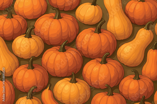 A collection of pumpkins and gourds in various shapes and sizes, artfully positioned to form a continuous design. The pumpkins are depicted in shades
