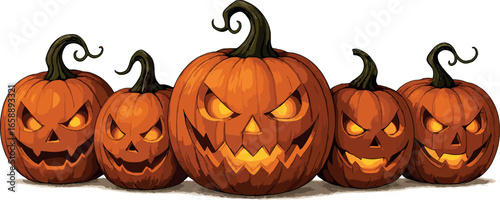 A row of carved pumpkin faces with menacing grins and glowing orange interiors, arranged in a playful lineup. Each pumpkin has a unique expression and