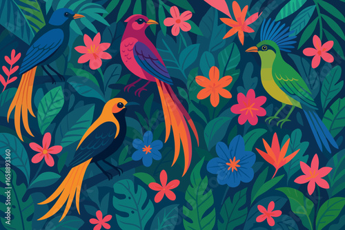 A rainforest canopy teems with exotic birds of paradise, each perched amidst an explosion of colorful foliage. The birds' vibrant plumage echoes the