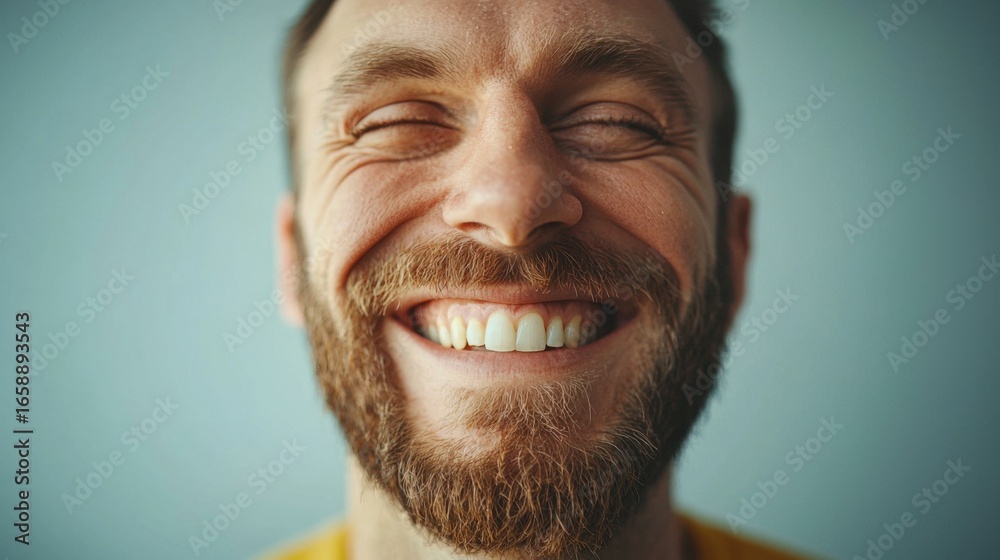 Fototapeta premium A joyful man with a well-groomed beard smiles broadly, radiating happiness and positive energy. His expression captures a moment of genuine joy and warmth.