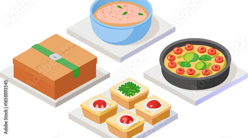 An isometric illustration showcasing a variety of delicious food items, including a boxed dessert, a bowl of soup, and a savory dish.