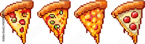 Four pixel art slices of pizza, each with different toppings and melted cheese.