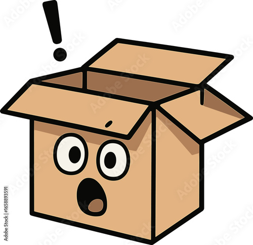 A surprised cardboard box with wide eyes and an exclamation mark above it. The flaps are half-open as if caught off guard. The scene conveys a sense