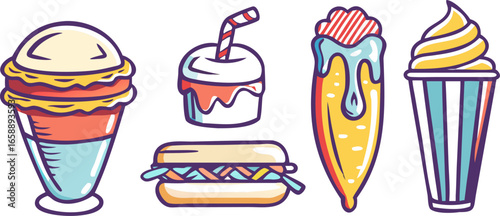 A colorful illustration featuring a collection of popular American diner foods and treats, including ice cream cones, a milkshake, and a sandwich.