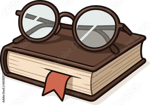 A pair of reading glasses resting atop a closed book, with a bookmark peeking out. The glasses are slightly tilted, adding a touch of realism and