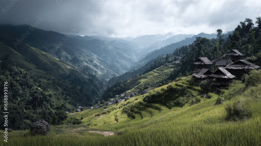 Fototapeta premium A terraced hillside village nestled amidst a mountain valley.
