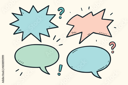 Decorative comic-style text boxes, each in unique shapes like zigzags and ovals, arranged in a way that suggests interaction. The design is colorful,