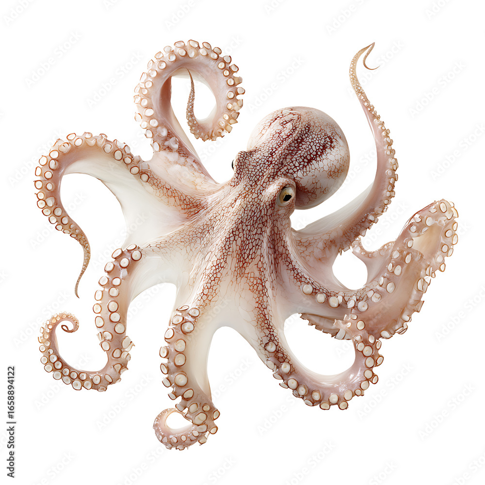 Obraz premium An image of an octopus with a bulbous body eight arms and pale pink coloration against a contrasting dark background