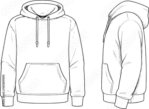 A casual hoodie depicted with a front and side view, featuring a drawstring hood and kangaroo pocket. The layout captures the relaxed fit and cozy