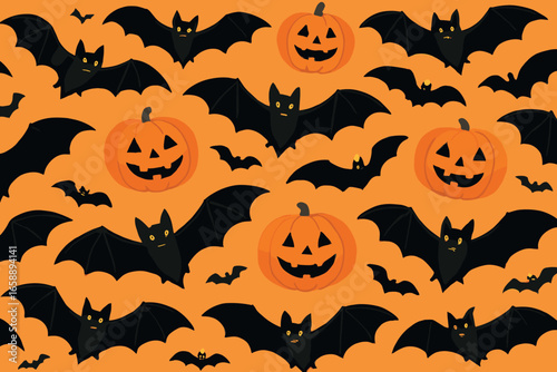 Rows of black bats with outstretched wings glide across a festive background, interspersed with grinning jack-o'-lanterns. The bats have an animated