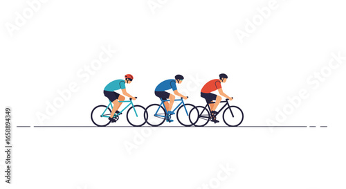 Three cyclists race together with determination in vibrant athletic gear on a clear path