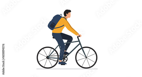 Active man with backpack cycles confidently, embracing healthy urban lifestyle and eco-friendly travel.