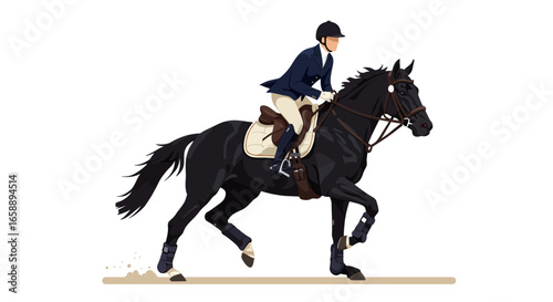 Elegant rider on black horse galloping with grace and power in equestrian competition