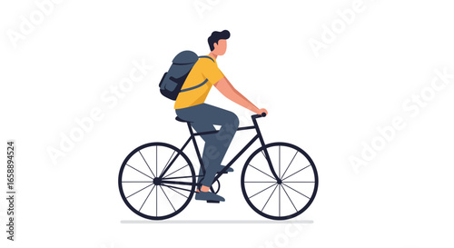 Young man with backpack cycles confidently, embracing active lifestyle and urban commute adventures.