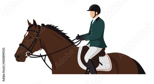 Elegant horse rider in green jacket and helmet participates in equestrian competition with focused expression