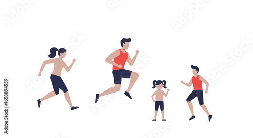 Family jogging together for a healthy lifestyle, fitness, and happiness in a flat design