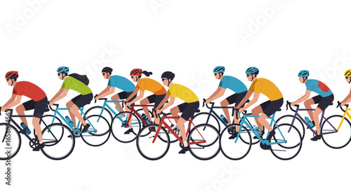 Dynamic cyclists in a colorful race, representing teamwork and competition with modern style