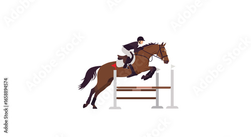 Equestrian athlete and horse gracefully jumping over a show jumping obstacle in competition