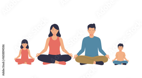 Family meditating together for peace and wellness, practicing yoga in lotus position