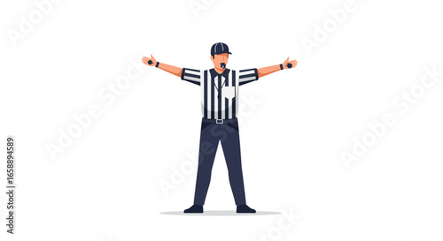 Football referee signaling a play with whistle and hand gestures, game official concept