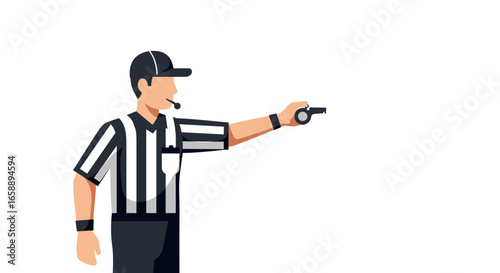 Referee signaling with whistle ready to make a call in a competitive sports game setting
