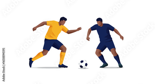 Dynamic soccer players battle for ball possession in a vibrant sports competition