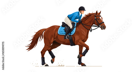 Confident equestrian gracefully rides a powerful brown horse in a show jumping competition, capturing athletic prowess.