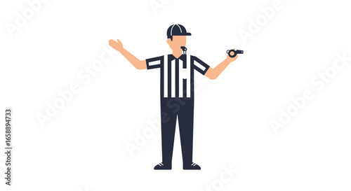 Dynamic sports referee signals a foul, holding whistle and gesturing for a penalty call during game