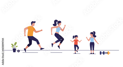 Active family enjoying fitness together, demonstrating healthy lifestyle and exercise outdoors for wellness.