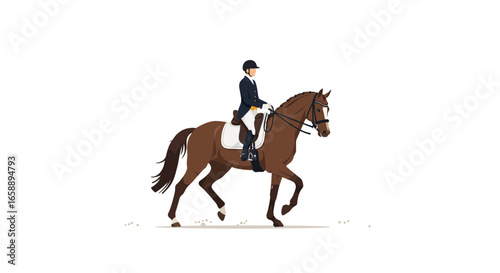 Elegant equestrian rider expertly guides brown horse through graceful dressage movement