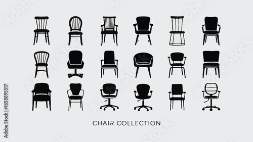 Extensive Collection of Diverse Chair Silhouettes in Black and White on a Light Gray Background
