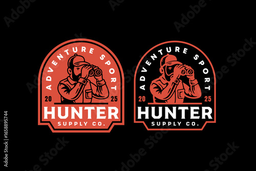 Hunter with binocular retro badge logo vector design set for adventure, outdoor. Man with binocular vintage emblem logo graphic pack. Bearded man with telescope illustration label element designs