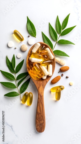 Wooden spoon filled with various pills and capsules, surrounded by green leaves and nuts