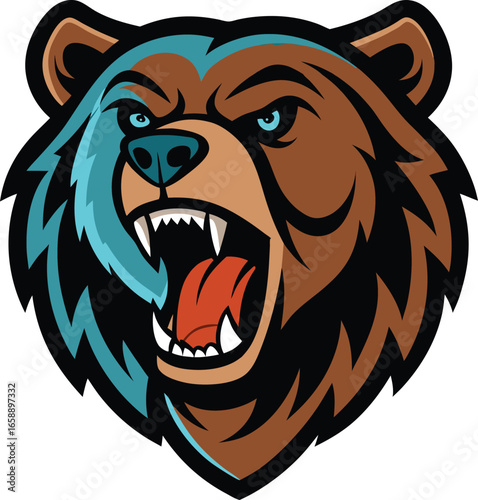 Fierce bear head mascot logo roaring with open mouth and intense expression