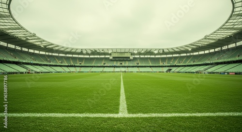 A wide-angle, aerial shot of a green soccer field with white lines, surrounded by a stadium under the sun