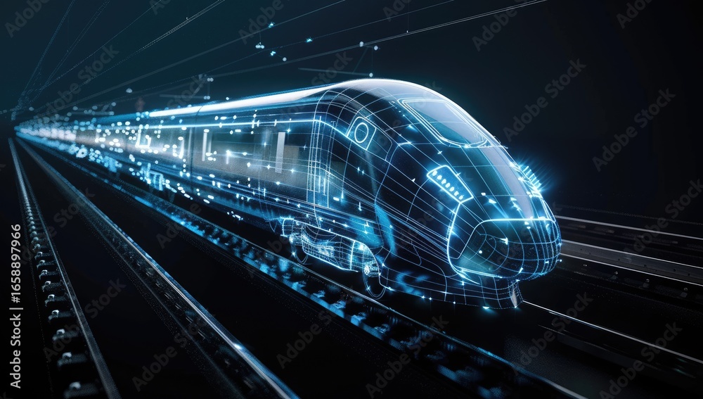 Naklejka premium Futuristic High-Speed Train on Tracks, Digital Design, Night