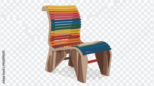 Vibrant Rainbow Striped Wooden Chair with Transparent Background and Subtle Shadow furniture