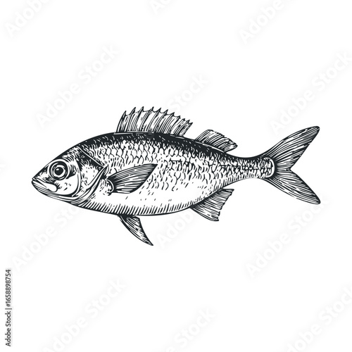 Vintage sketch of a freshwater fish for culinary design purposes. Vector illustration