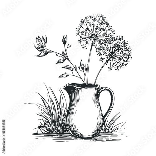 Floral arrangement in a vintage pitcher with lush greenery. Vector illustration