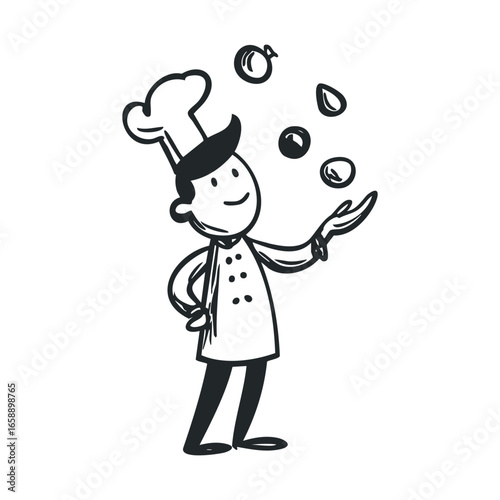 Chef juggling ingredients in a fun culinary performance. Vector illustration