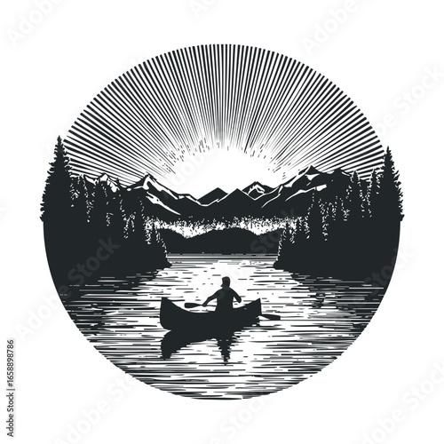 Tranquil canoeing experience at sunrise in a mountain lake