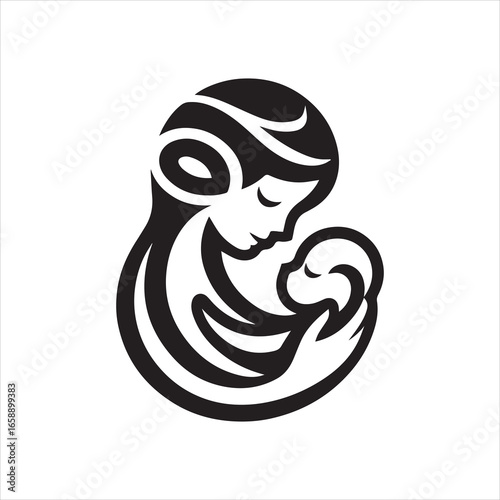 Abstract Black and White Mother Holding Infant in Loving Embrace.