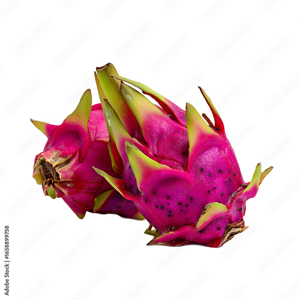 Fototapeta premium Vibrant dragon fruit duo showcasing their unique magenta skin and green-tipped scales against a stark black background an exotic and healthy treat