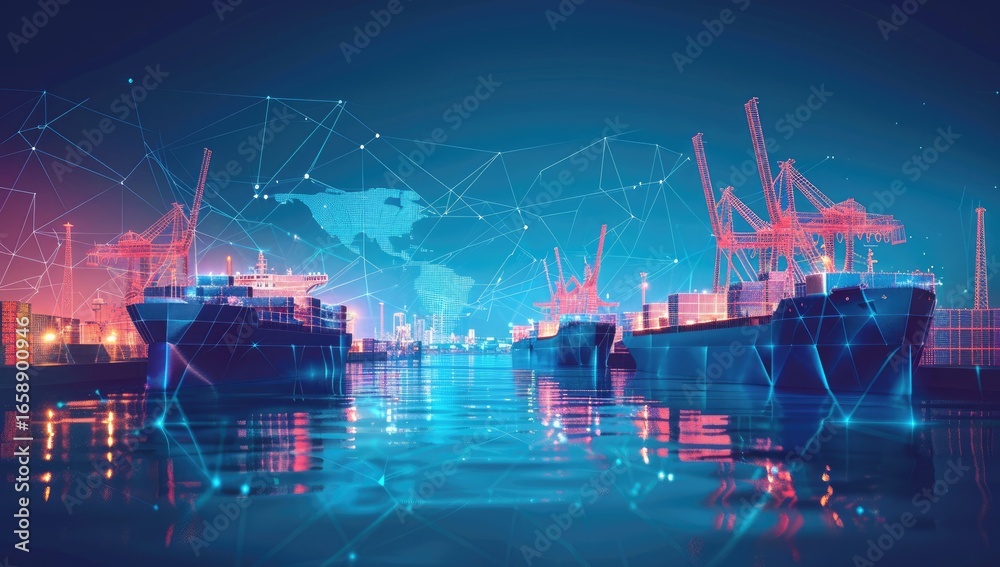 Fototapeta premium Global shipping, digital network, harbor, night. Use logistics