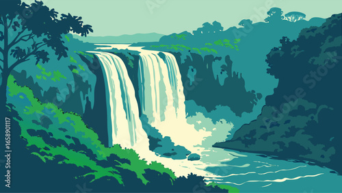 Minimalist nature illustration of a dramatic waterfall cascading into a serene river valley