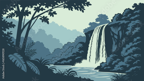 Contemporary minimalist nature scene with a cascading waterfall and mountains