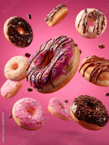 Pink background, assorted donuts levitate, chocolate sprinkles, food photography, website banner
