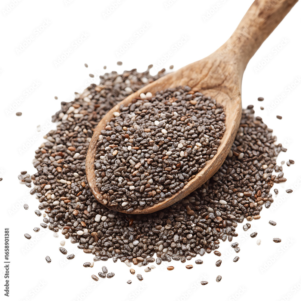 Chia seeds spilling off of a wooden spoon The seeds are small oval shaped and have a speckled pattern It has nutritional health benefits Chia seeds spilling off of a wooden spoon The seeds are small oval shaped and have a speckled pattern It has nutritional health benefits