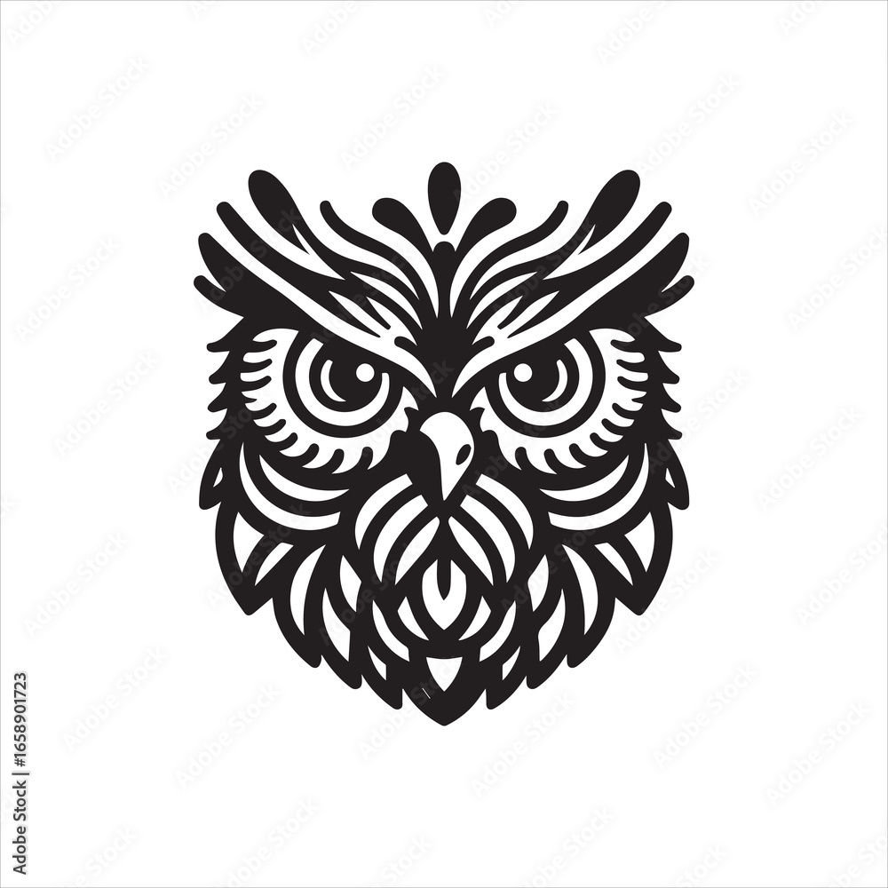 Obraz premium Ornate Black and White Owl Head Design Intricate Line Art.