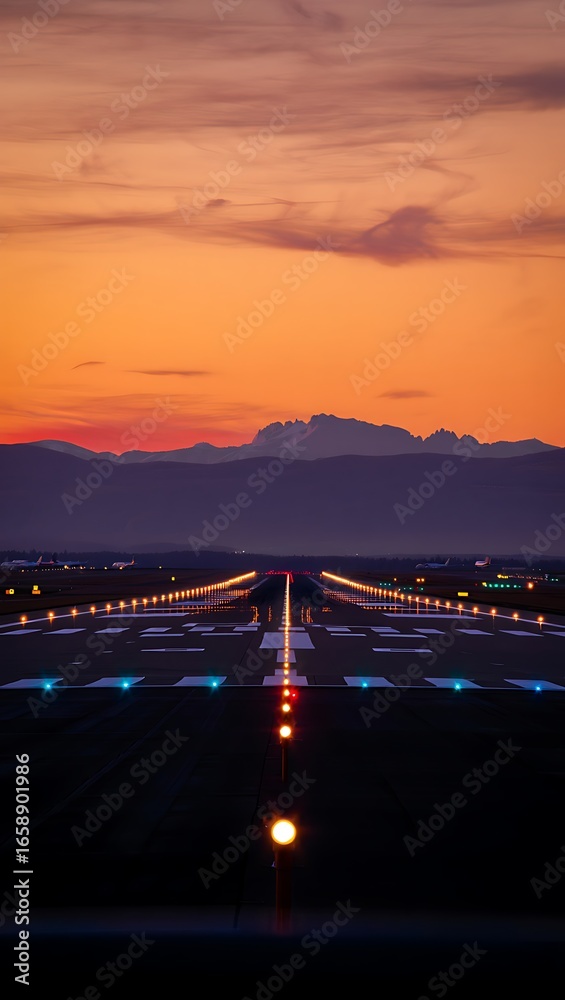 Obraz premium Airport runway lights at sunset with distant mountains